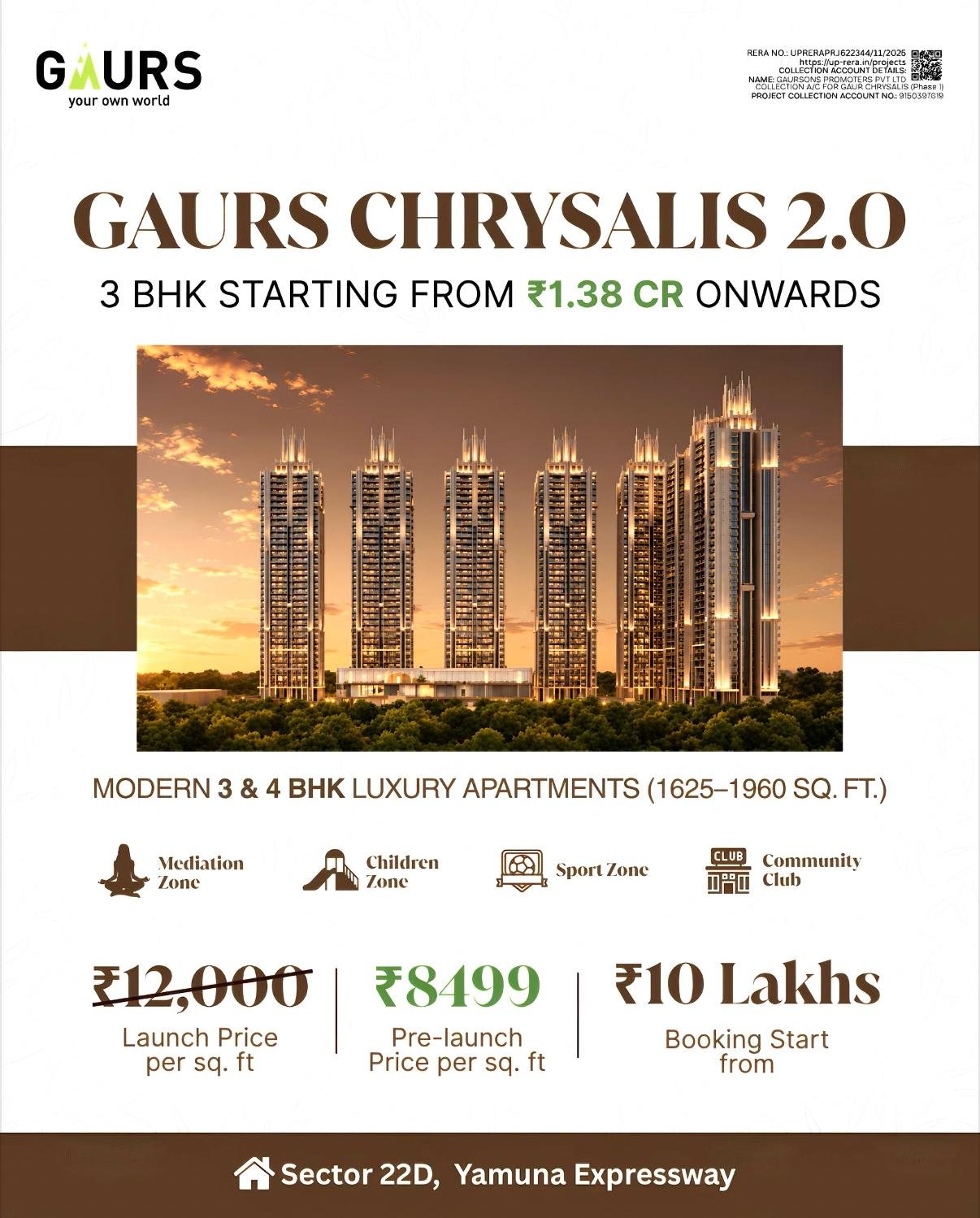 Poster for Gaur's Chrysalis 2.0 featuring sunset-lit high-rise towers and launch prices.