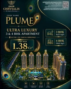 Advertisement for Gaur Chrysalis Plume Ultra Luxury: 3–4 BHK flats near Yamuna Expressway, starting at 1.38 Cr.