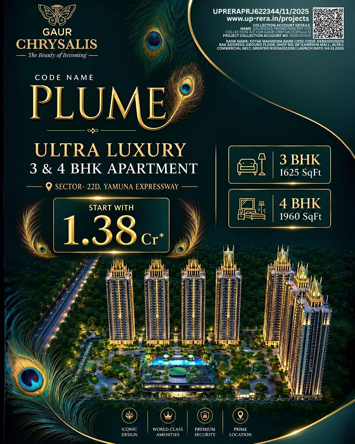 Advertisement for Gaur Chrysalis Plume Ultra Luxury: 3–4 BHK flats near Yamuna Expressway, starting at 1.38 Cr.